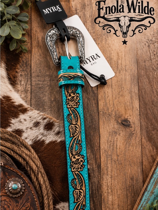 Myra Bag Accessories - Myra Turquoise Tooled Floral Leather Belt with Ornate Silver Buckle